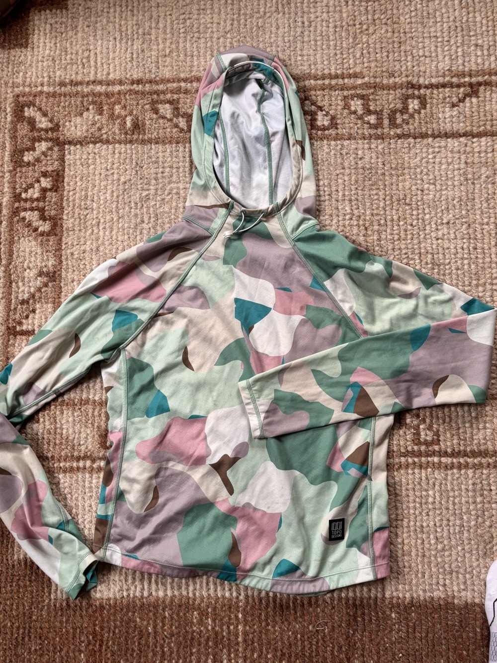 Topo Designs Hooded Rashguard in Pastel Camo Mint, Pink & Teal